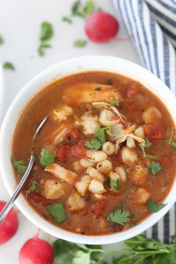 chicken posole in a bowl top down view