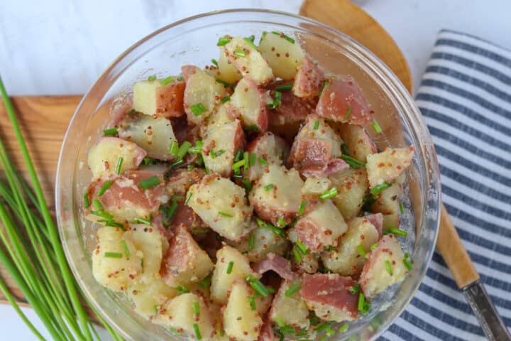 german mustard potato salad in a bowl