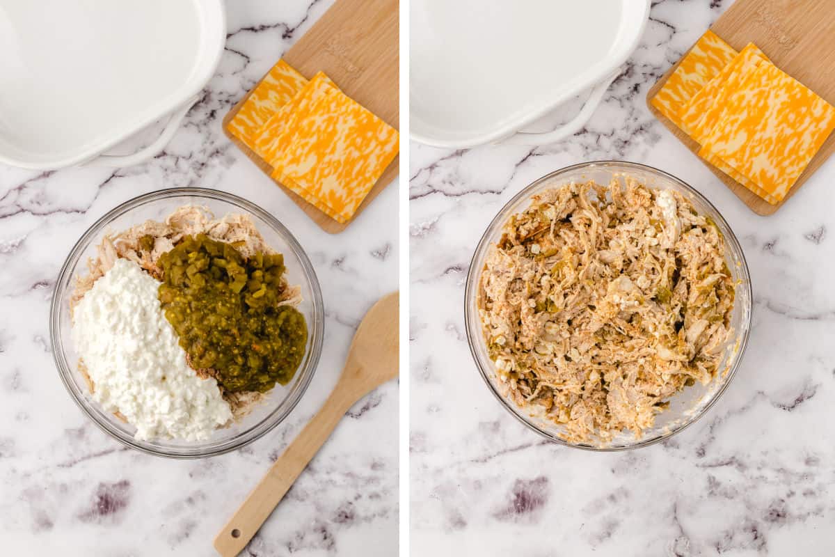 combining the green chili casserole with chicken ingredients in a mixing bowl