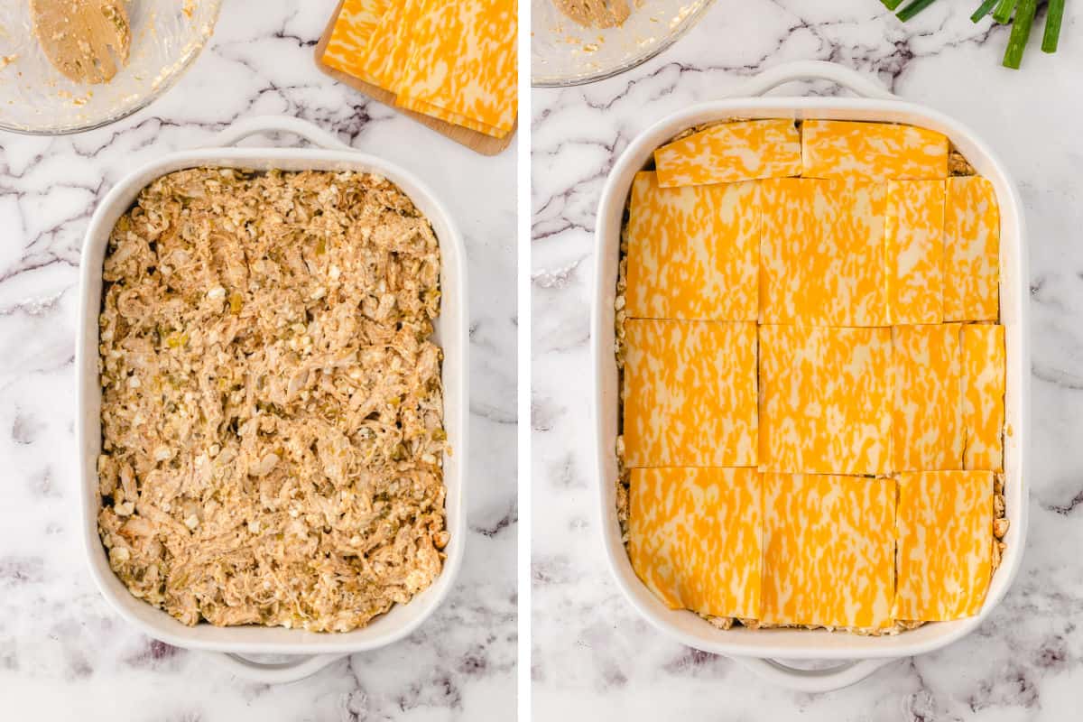 spooning the green chili casserole with chicken into a baking dish and adding cheese slices