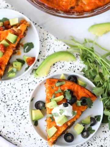 low carb taco pie crustless on a white cutting board