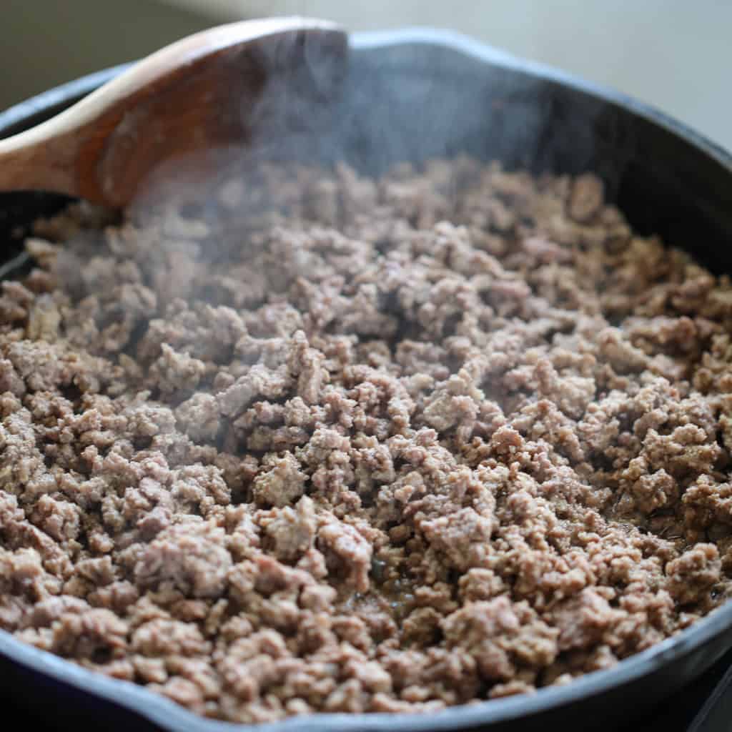 browning the ground beef in a nonstick skillet