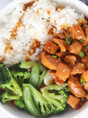 teriyaki chicken bowl looking down with broccoli and rice