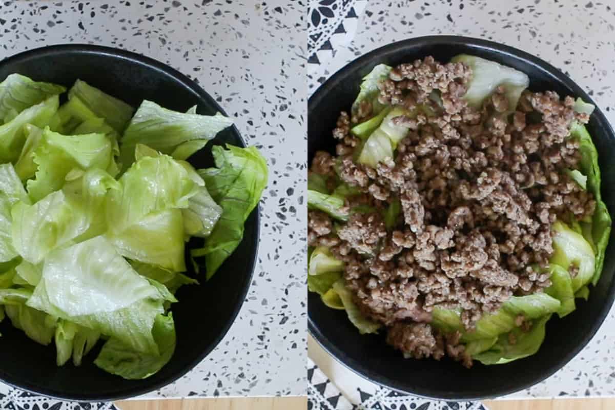 adding lettuce and beef to the bowls
