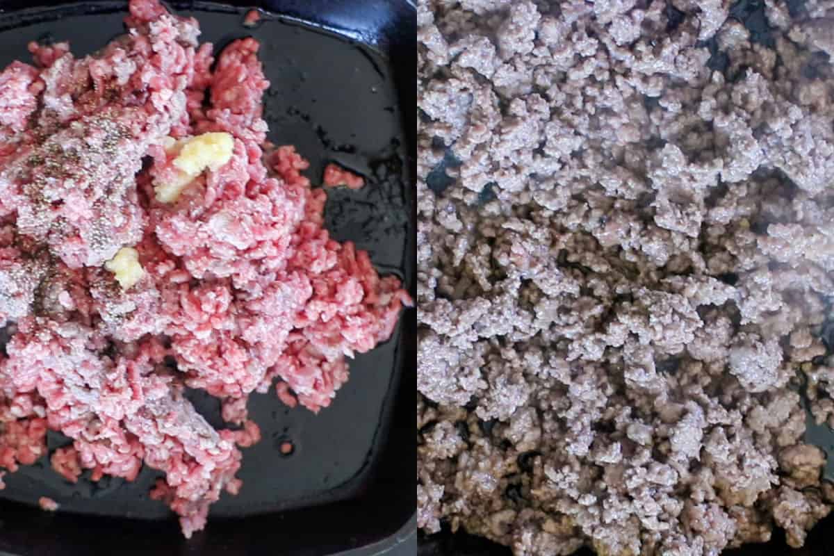 cooking the hamburger for the cheeseburger salads