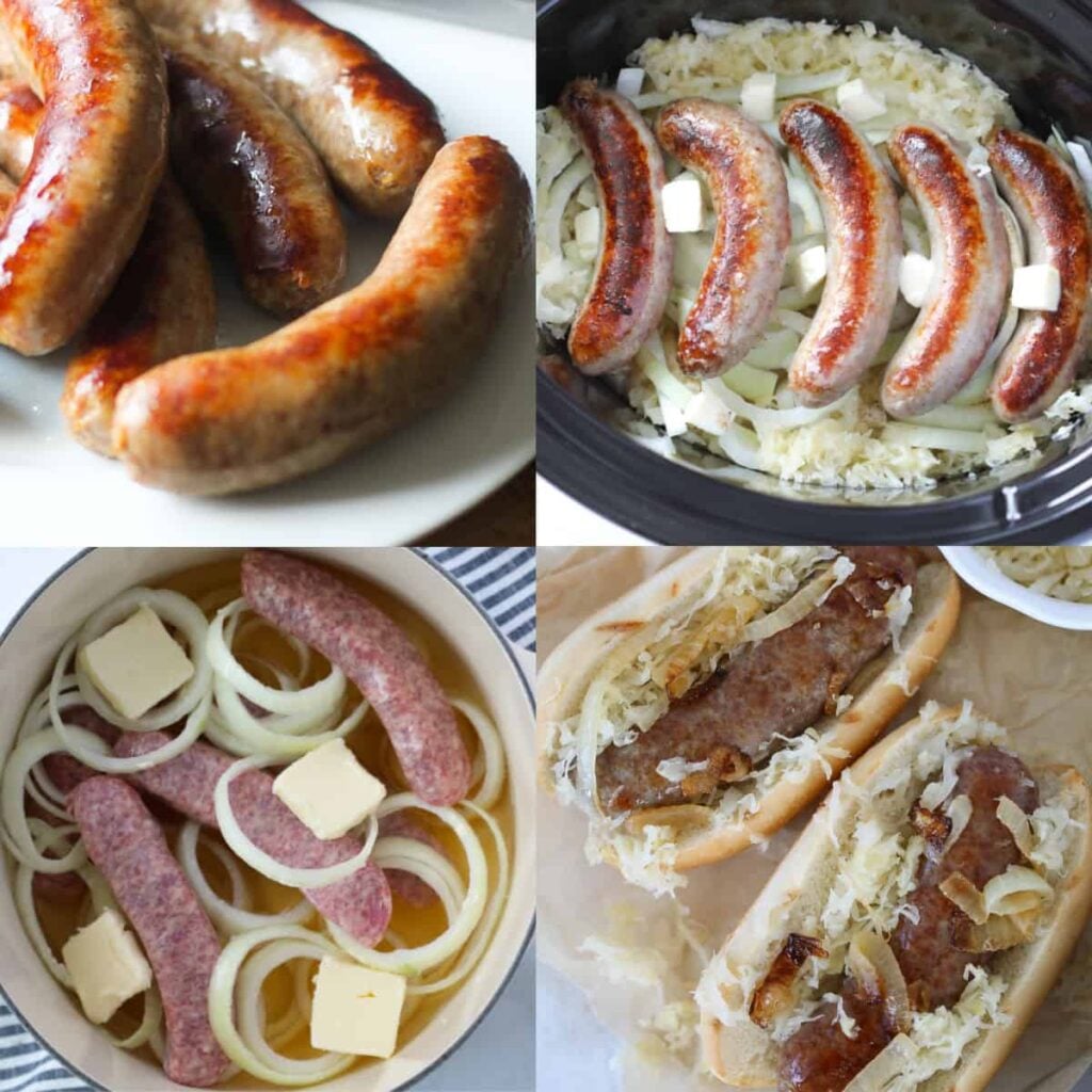 bratwurst recipes and how to cook them with a collage image of cooking methods