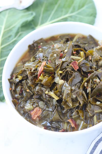 collard greens pressure cooker recipe in a bowl after cooking
