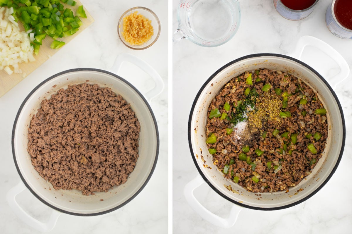cooking ground beef in a skillet for low carb spaghetti sauce