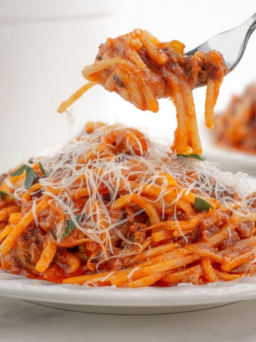 keto spaghetti with sauce piled up on a plate with a twirl of pasta on a fork