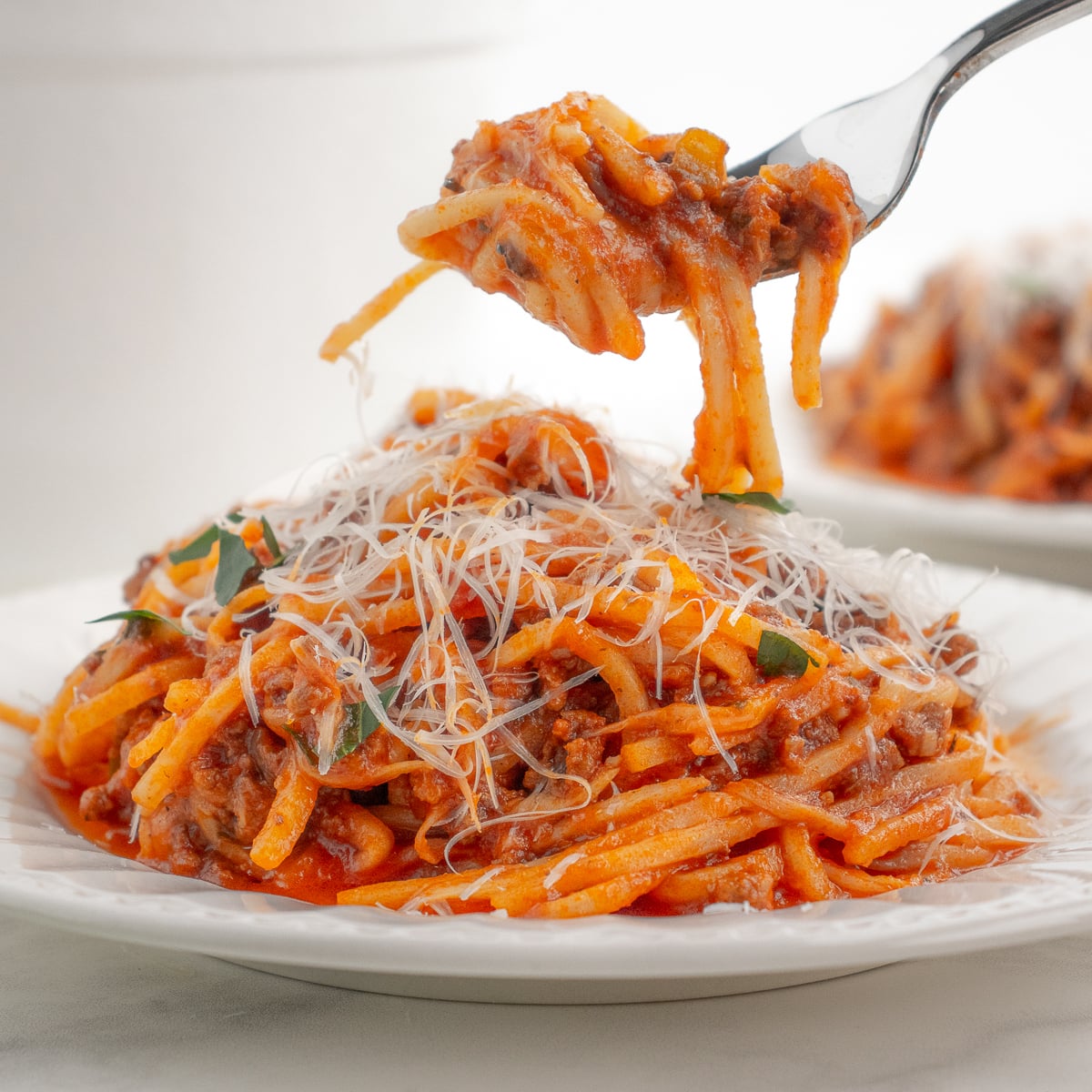 keto spaghetti with sauce piled up on a plate with a twirl of pasta on a fork