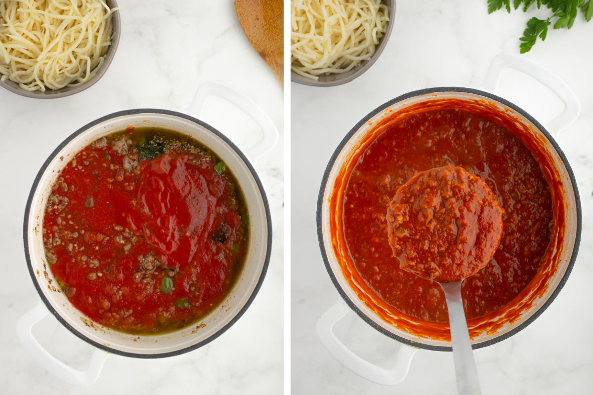a sauce of simmering spaghetti sauce in a dutch oven on the stove.