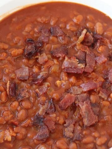 pressure cooker baked beans in a white bowl