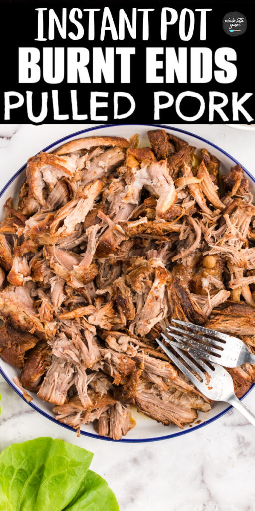 close up of pulled pork burnt ends in a white bowl on a white marble background