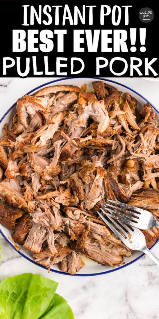 pinterest pin graphic of shredded pulled pork in a bowl