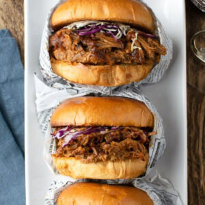 close up of pulled pork bbq sandwiches on a bun