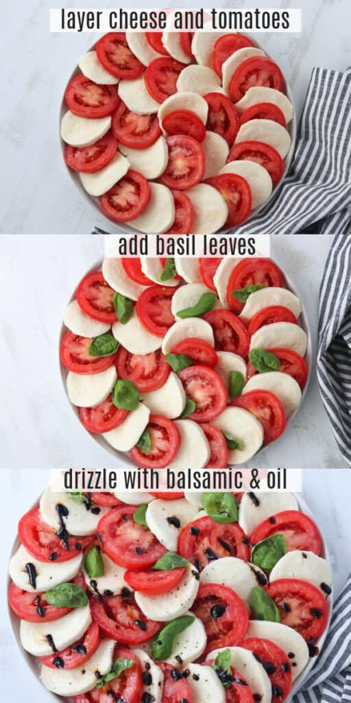tomato mozzarella caprese salad making steps in a collage