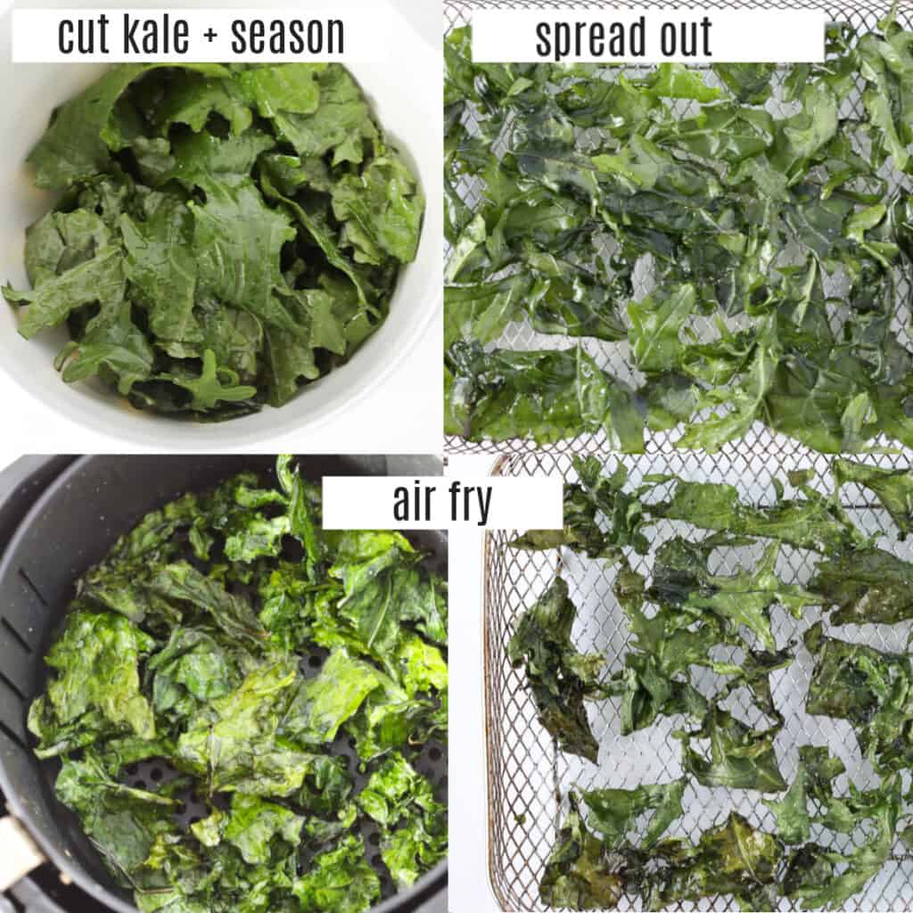 air fried kale recipe steps in a collage photo