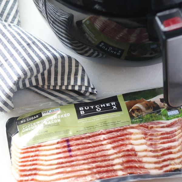 cooking air fryer bacon just requires the package of pork and an appliance