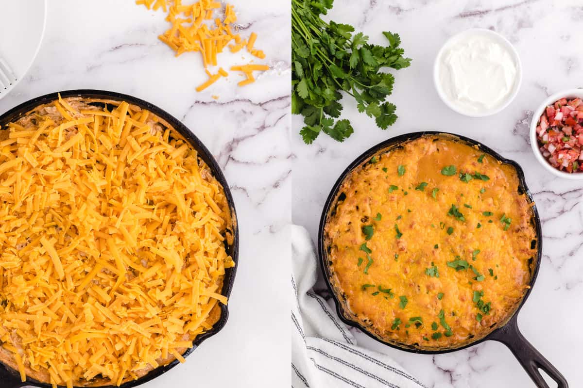 adding the shredded chicken to the enchilada casserole without tortillas