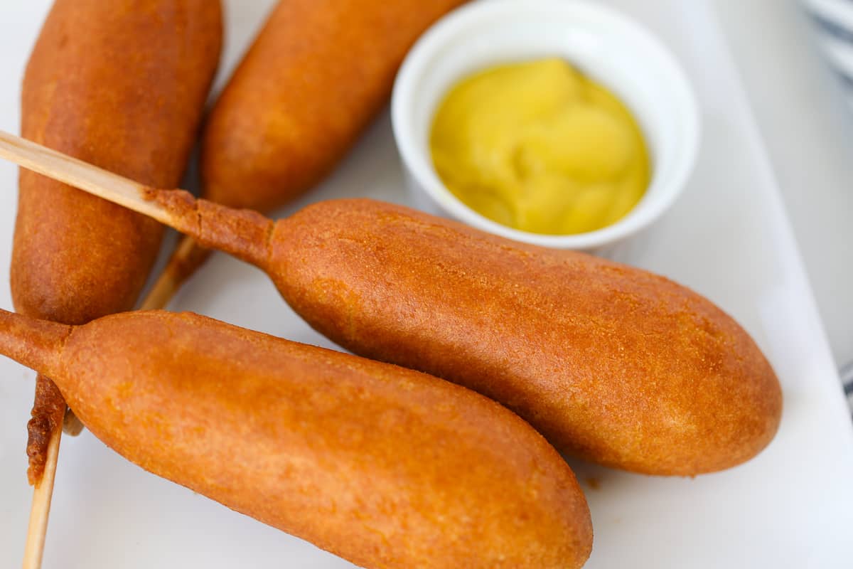corn dog air fryer with mustard after cooking