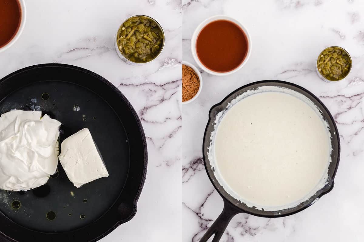 melting the sour cream and cream cheese in a cast iron skillet