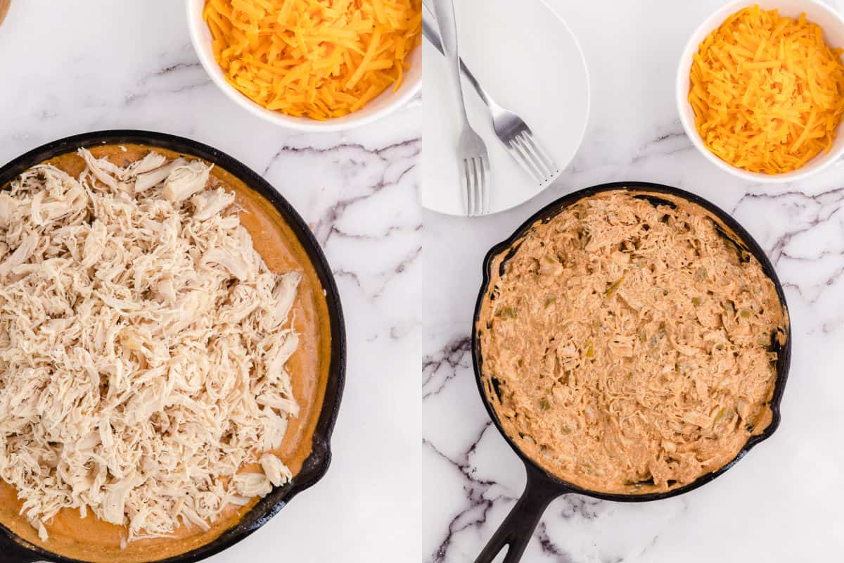 adding in the shredded chicken to the cast iron skillet 