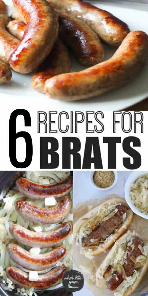 6 bratwurst recipes in a collage for Pinterest