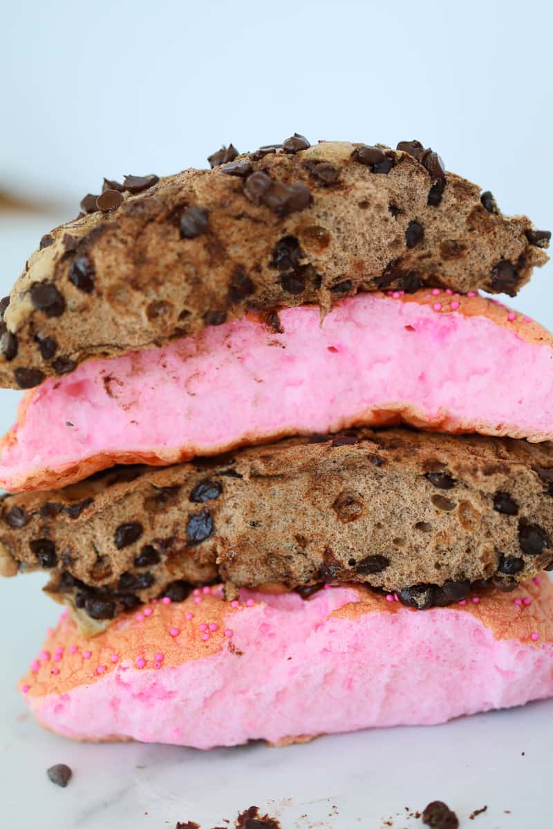 cloud bread tiktok version vertical image of cooked bread stacked up alternating flavors