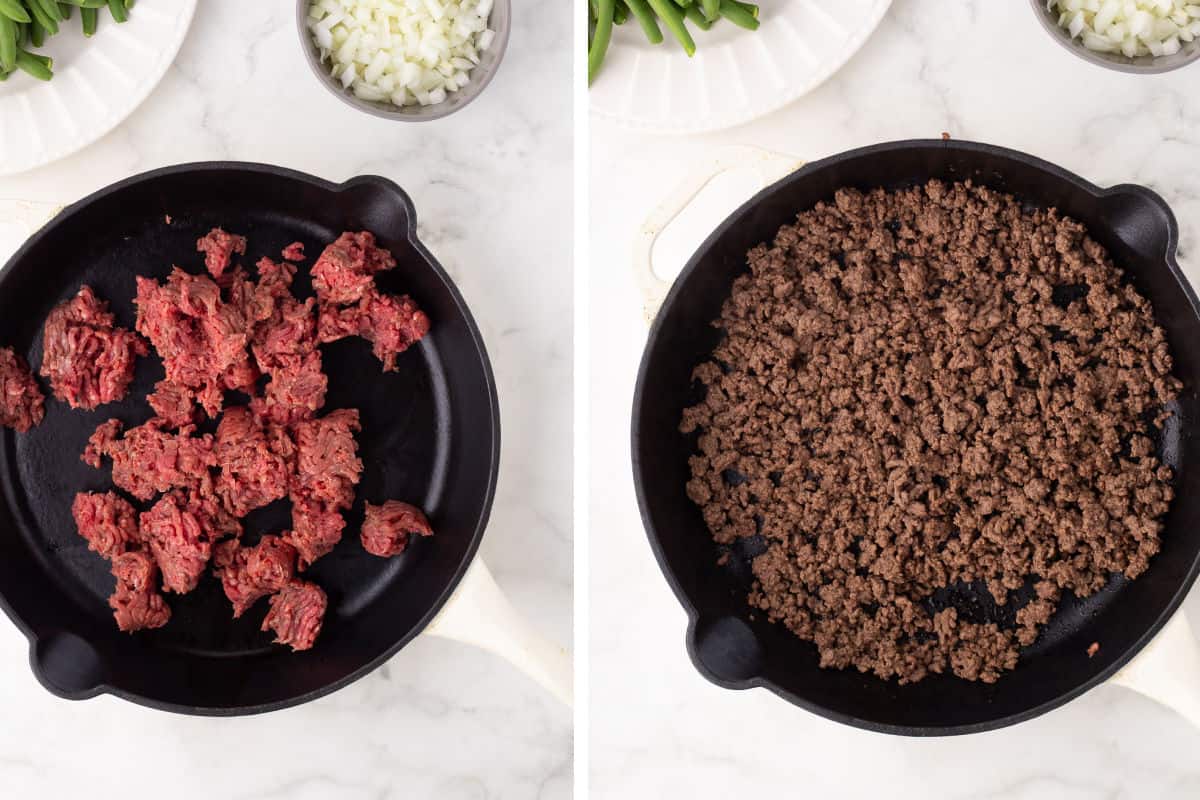 browning the ground beef in a cast iron skillet