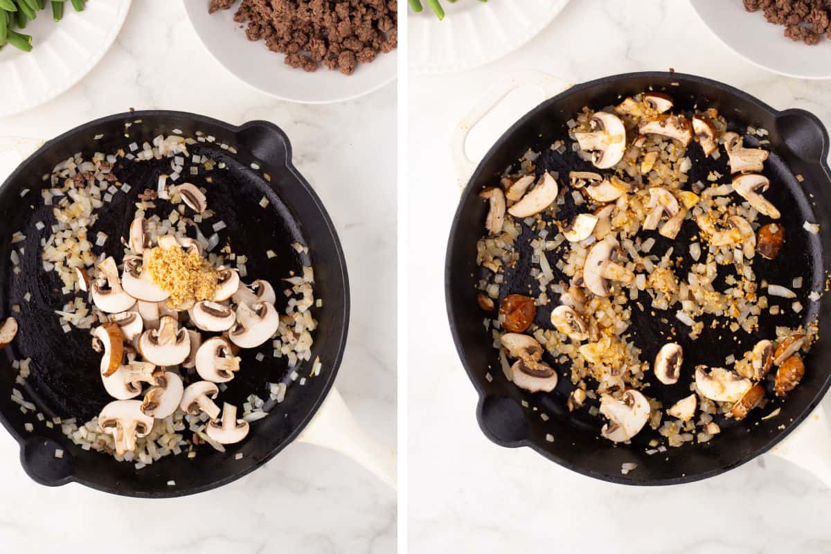 cooking the mushrooms onions garlic and seasonings in a skillet