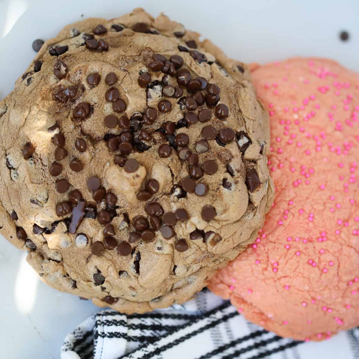 tiktok cloud bread final photo with chocolate chip cloud bread stacked on top of strawberry cloud bread
