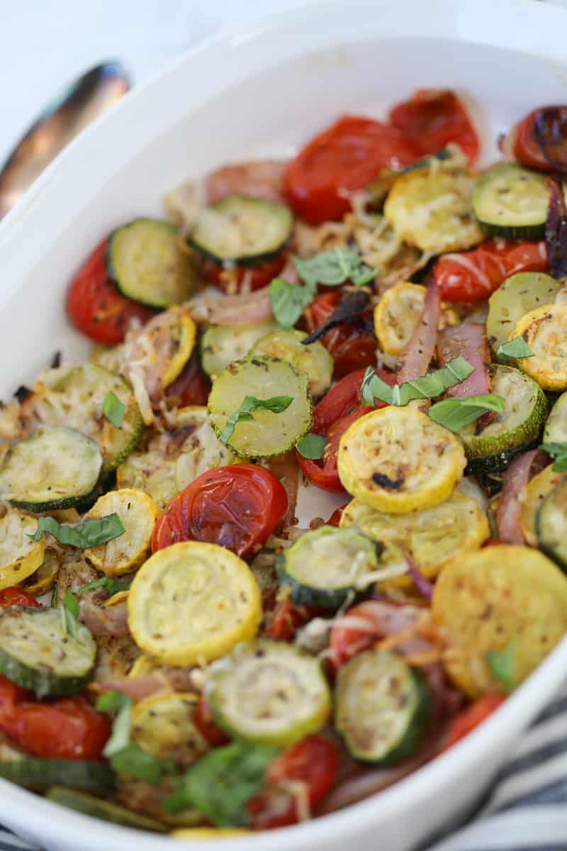zucchini and squash in oven after cooking with photo at an angle