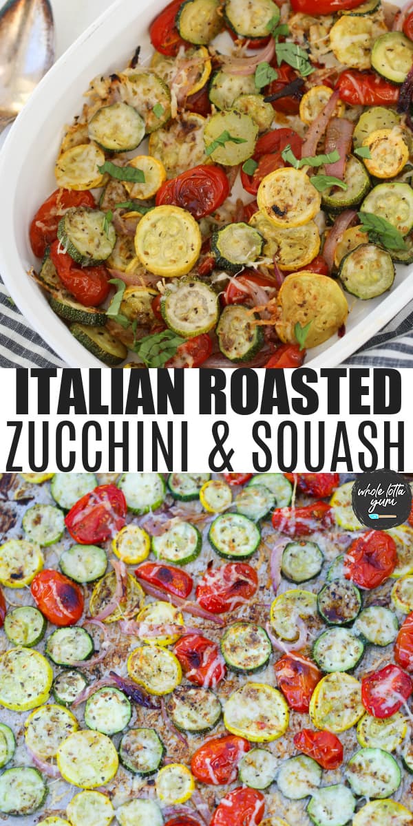 zucchini squash tomato parmesan bake pin for Pinterest