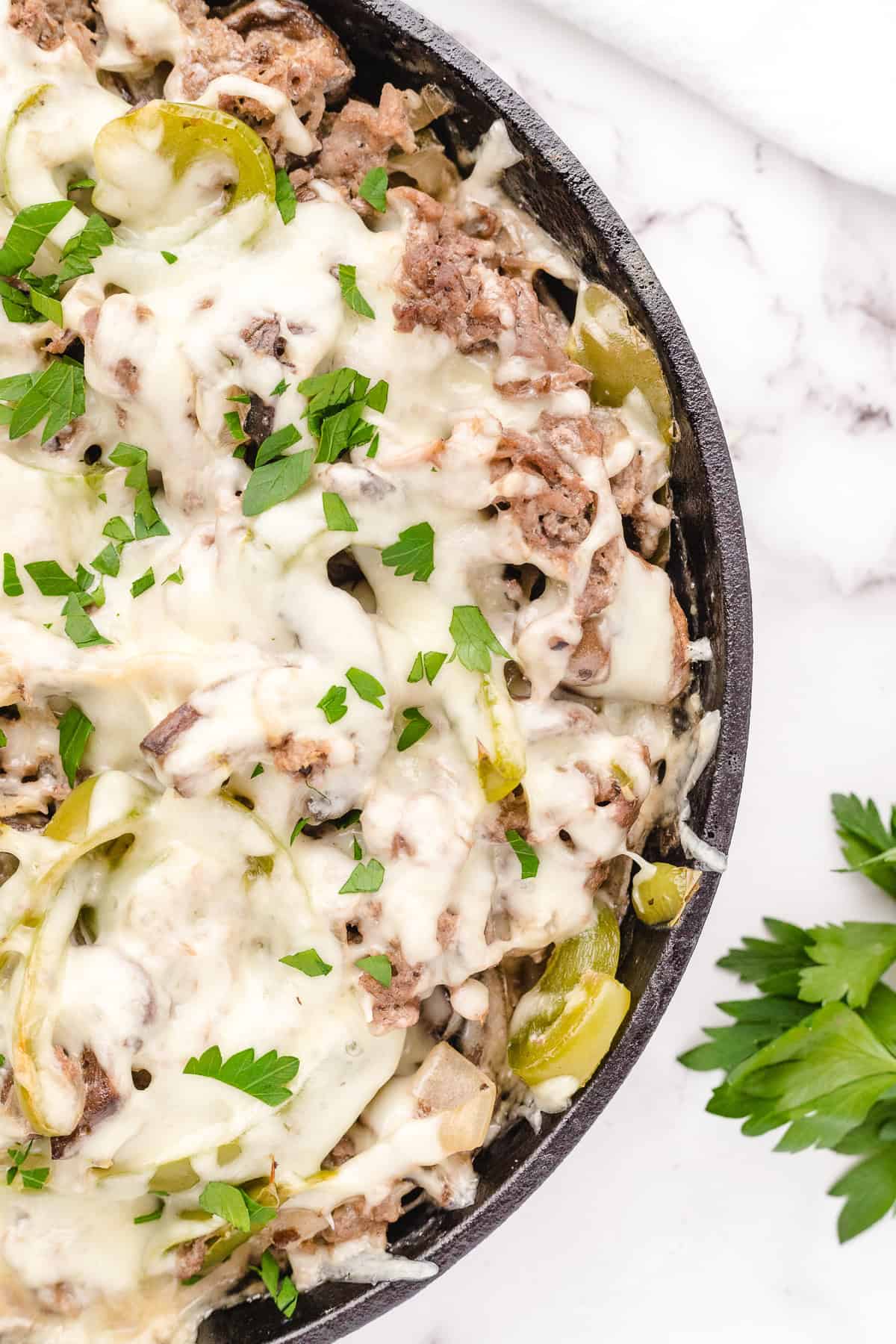 a close up of the keto philly cheese steak after cooking