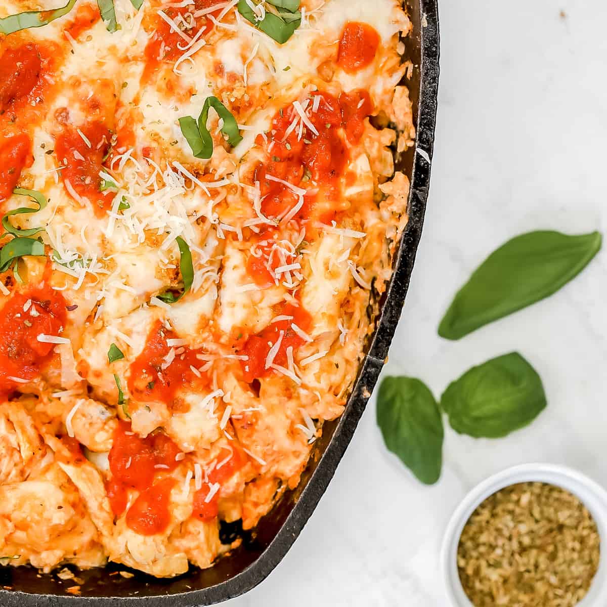 baked chicken parmesan casserole recipe after cooking close up
