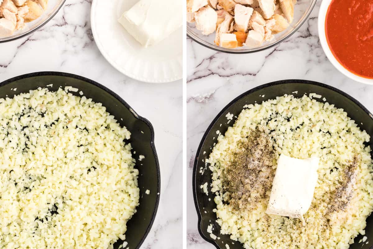 cauliflower rice in chicken parm casserole collage