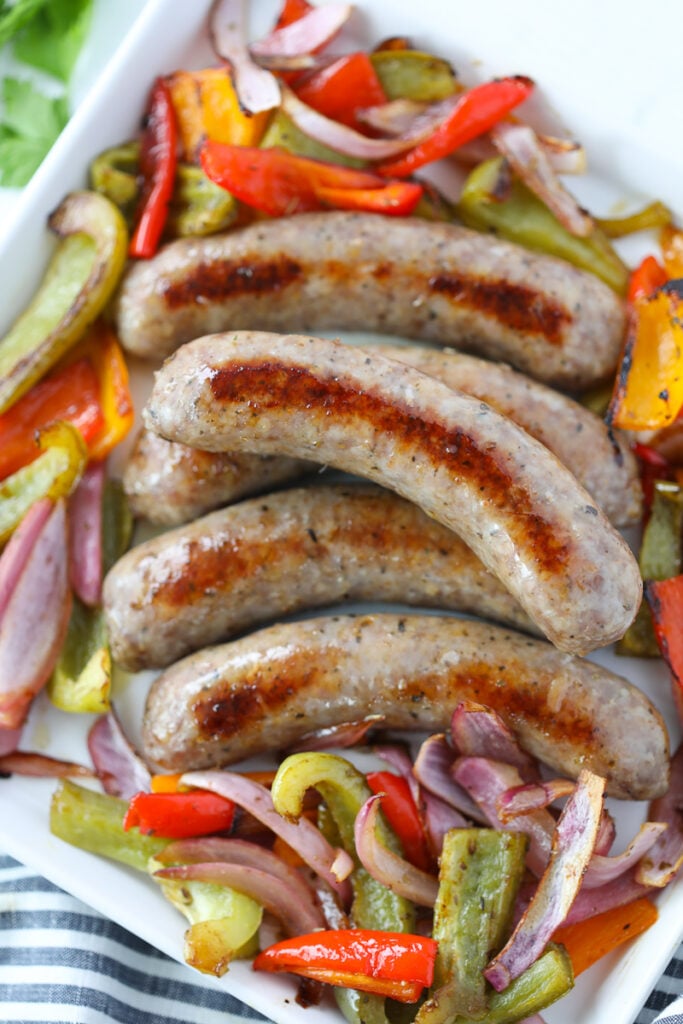 oven cooked italian sausages, onions, and peppers