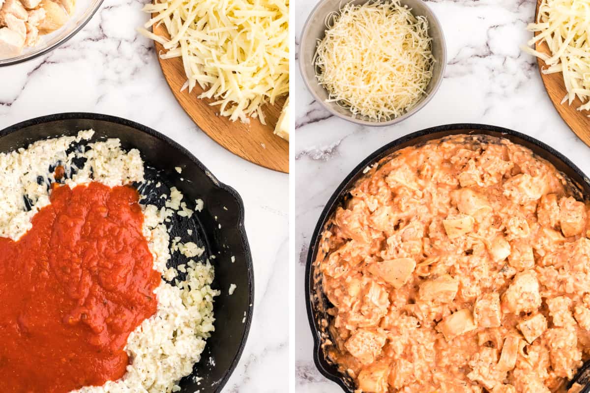 sauce and chicken in keto chicken parmesan casserole