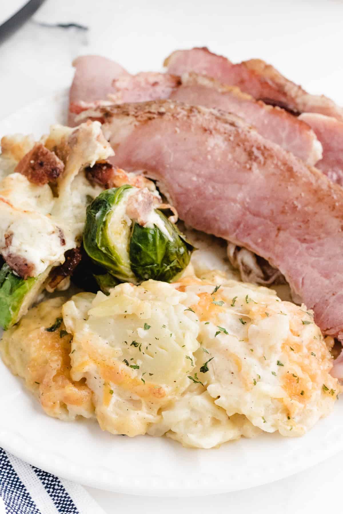 scalloped potatoes with heavy whipping cream and sour cream after broiling in the oven with ham and brussel sprouts casserole