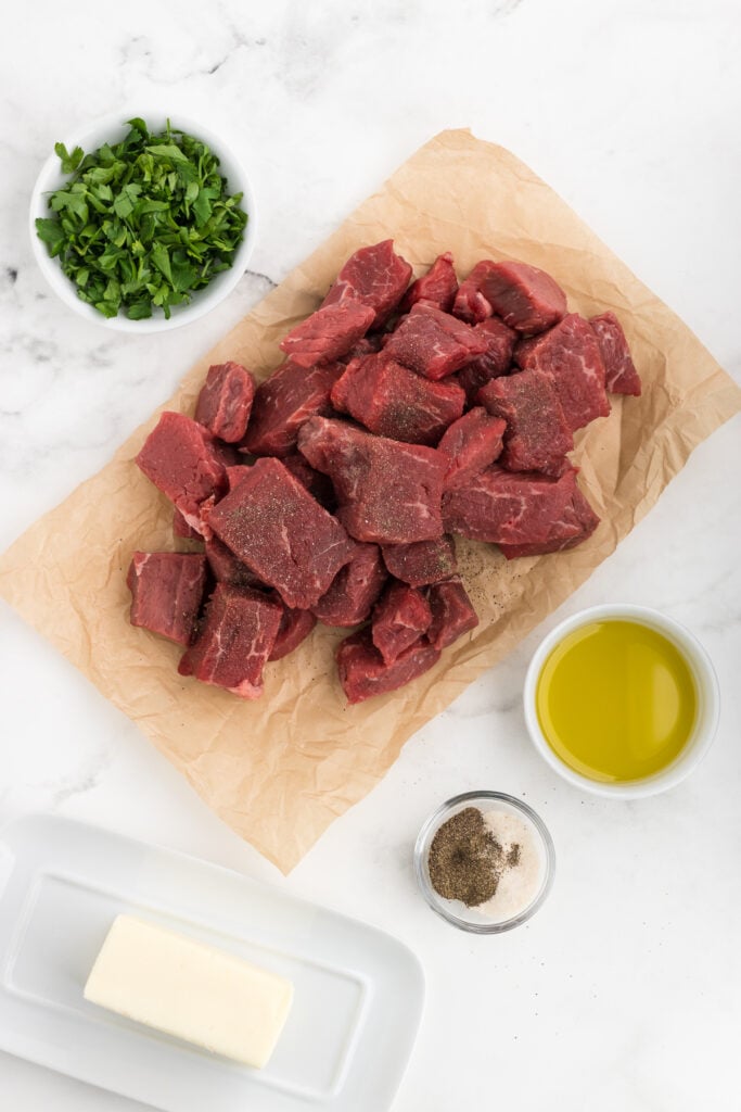 steak tip ingredients on a white background
