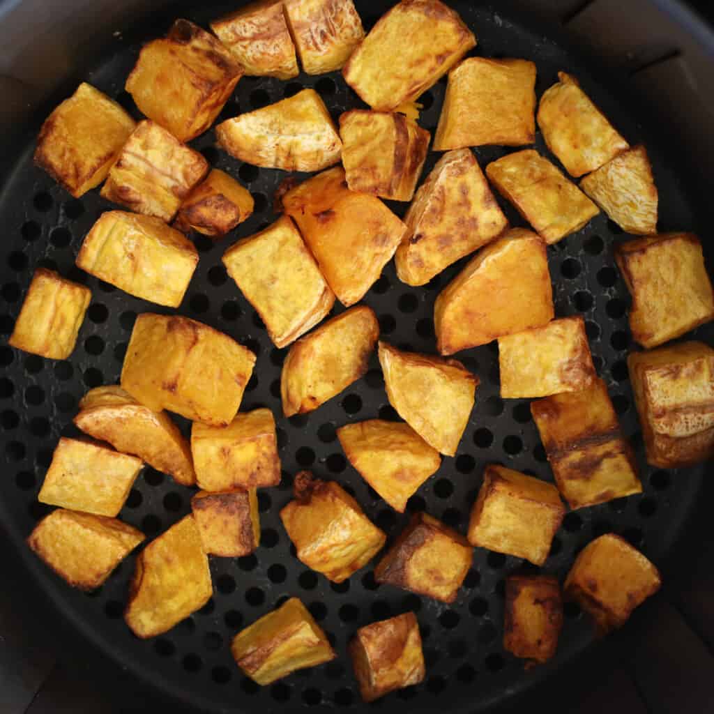 air fried squash after roasting in the basket