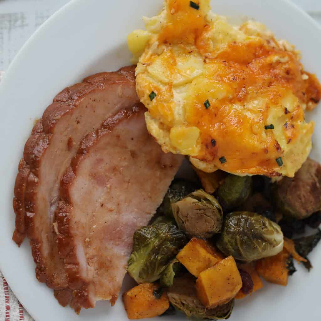 air fryer boneless ham with potatoes and veggies