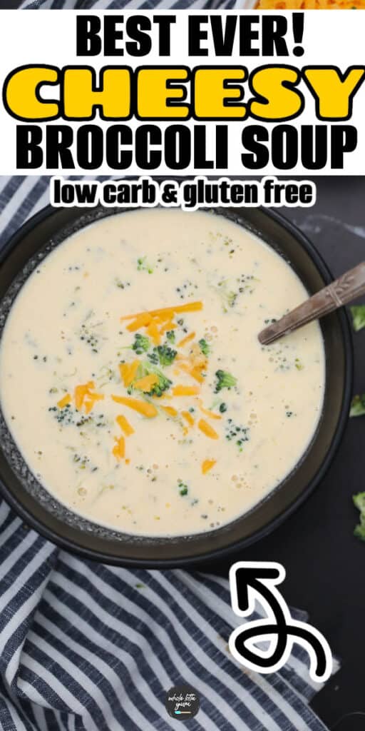 close up of a bowl of broccoli cheddar soup in a black bowl on a pinterest pin