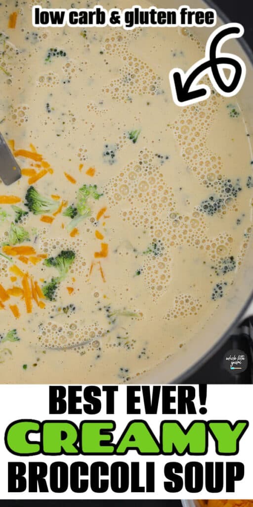 close up of a pot of creamy broccoli cheese soup in a dutch oven