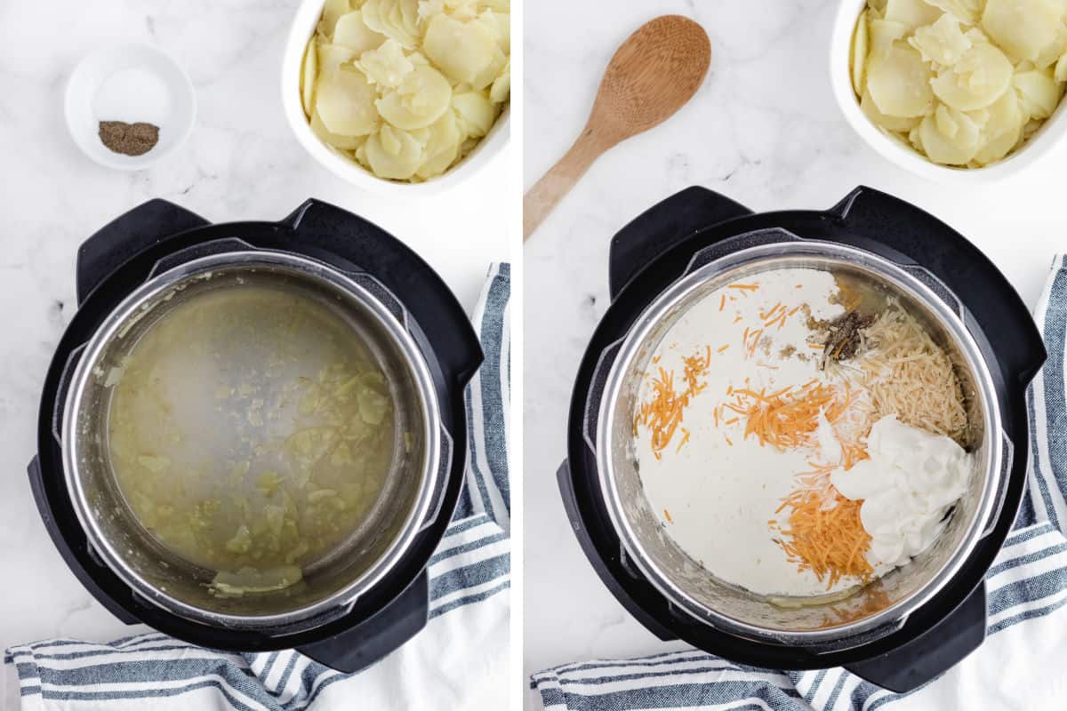 adding cheese sour cream and whipping cream to the pressure cooker