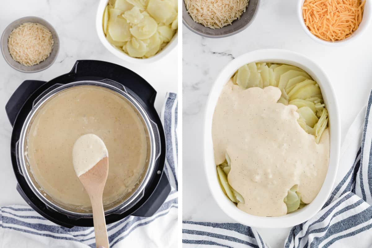 stirring the cheese sauce and pouring it over the potatoes