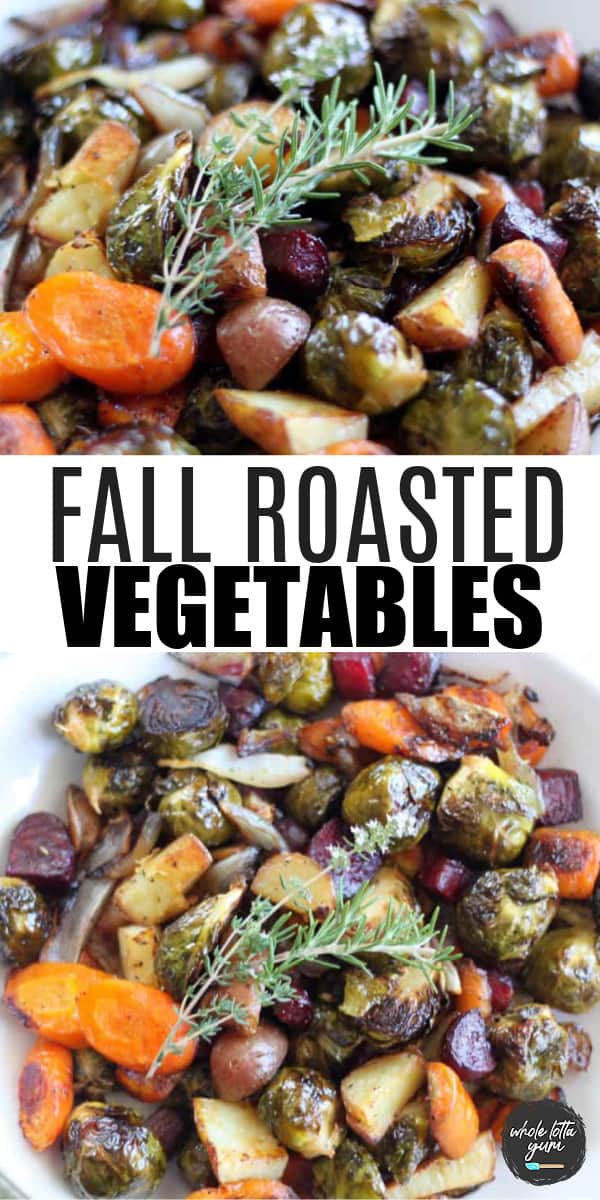 roasted fall vegetables with brussel sprouts pin for Pinterest