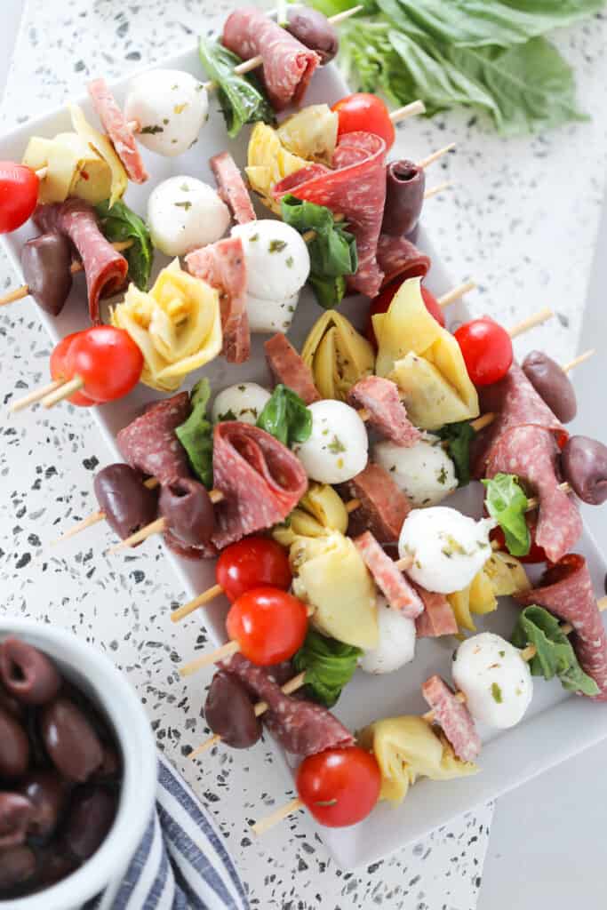 antipasto on a stick all made on a platter