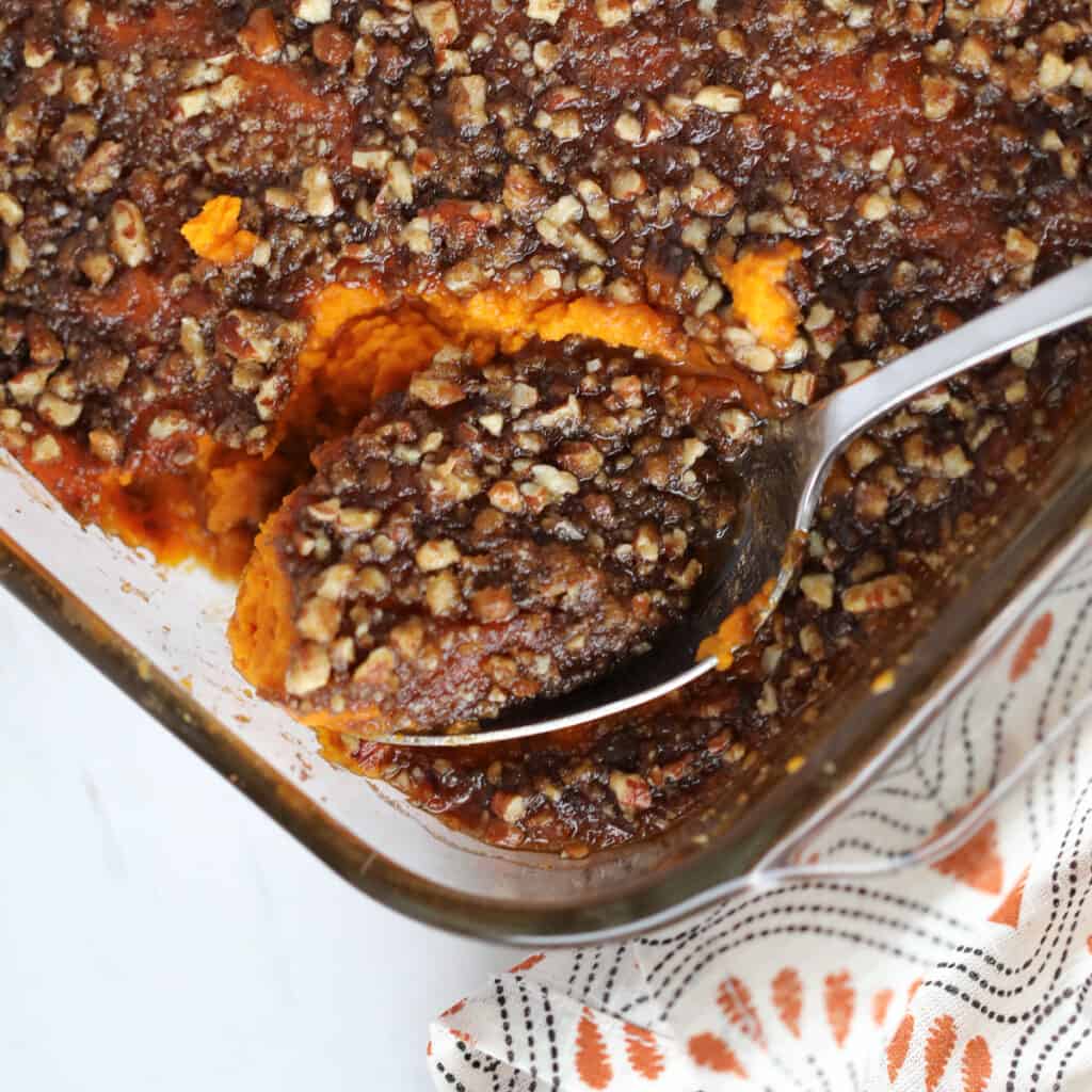 mashed sweet potato casserole no marshmallows on a spoon