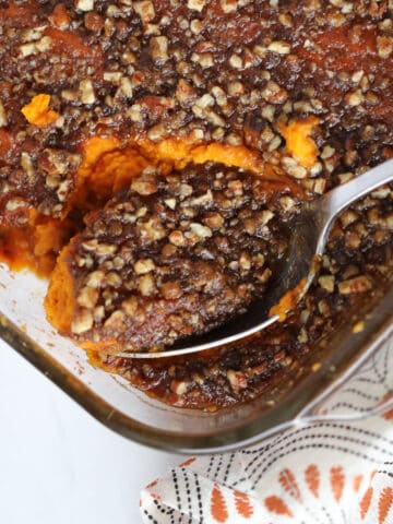 mashed sweet potato casserole no marshmallows on a spoon